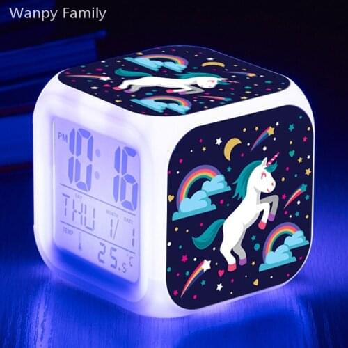 Very Cute Unicorn Alarm Clock 7 Color Glowing LED Digital Alarm Clock For Kids room Multifunction Flash Touch Watches Clock