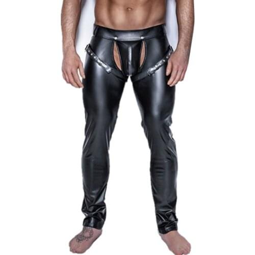 Mens Pants Open Crotch PU Leather Leggings Fitness Pencil Pants Nightclub Stage Trousers Dancer Clubwear Gay Lingerie Leggings