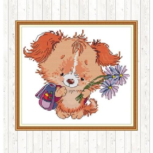 A Dog with Flower DIY Cross Stitch Sets for Embroidery Kits Handmade Needlework Patterns Kits 11CT 14CT Cotton Thread Painting
