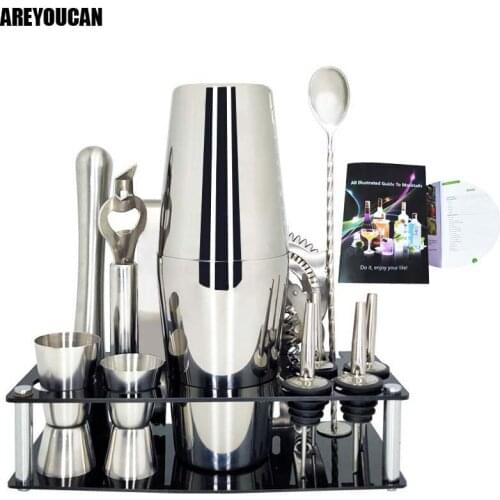AREYOUCAN 750/600/450ML Cocktail Shaker Set Bar Bartender Kit Drink Tools Steel Mix Maker With Nice Stand and Cocktail Recipe