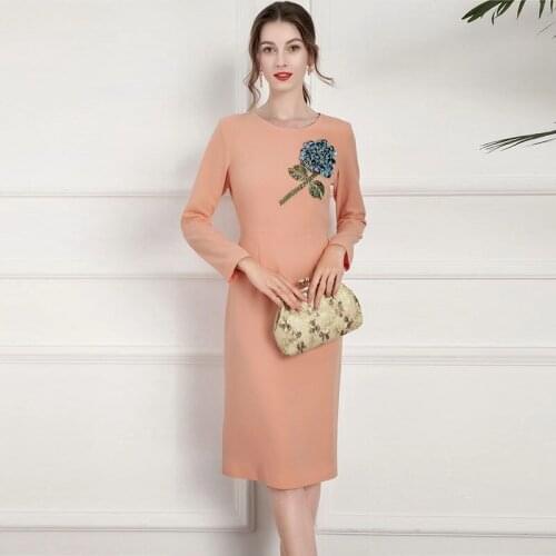 MIUXIMAO 2021 New Autumn Womens Clothing O-Neck Long Sleeve Slim Waist Printing Dress Elegant Fashion Office Style