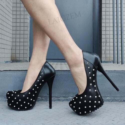 BERZIMER Women Platform Pumps Round Toe Thin High Heeled Black Slip On Rivets Tacones Shoes Woman Ladies Big Size 43 44 47 50 52