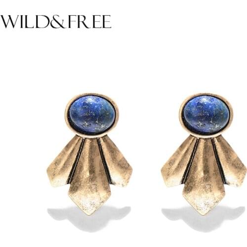 Bohemian Geometric Stud Earrings With Blue Natural Stone Earrings Jewelry For Women 2017 Vintage Antique Gold Earrings Gift