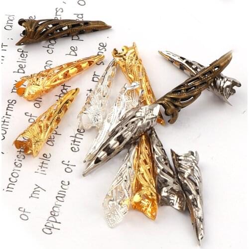 35x10mm Vintage Filigree Metal Pointed Horn Hollow Flower Spacer Beads End Caps Pendant DIY Charms Connectors Jewelry Findings