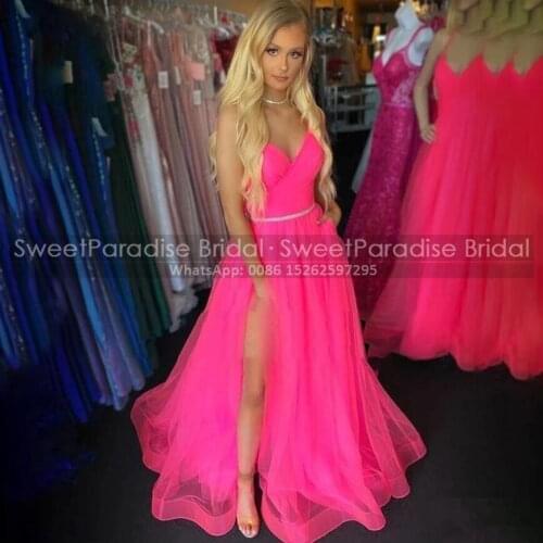 2020 Hot Pink Tulle Bridesmaid Dresses Sexy Criss Cross Back Spaghetti Sweetheart A Line Long Prom Dress Wedding Party Vestidos