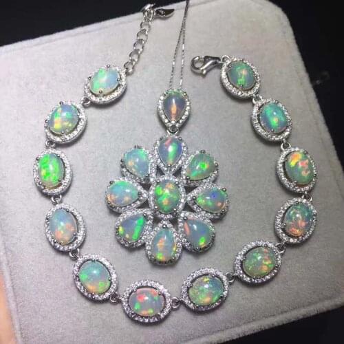 Natural opal Jewelry Sets for Women Party Necklace and Bracelet Fine Jewelry Chromatic October Birthstone Gifts S925 Silver