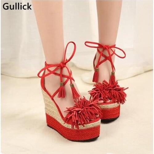 Gullick Newest 14.5 CM High Wedges Sandals For Women Fringe Lace Up Straw Open Toe Sandals Sexy Platform Red Shoes Female