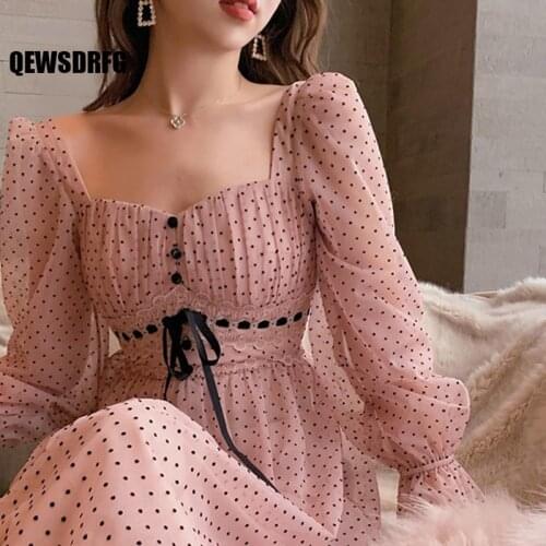 2021 Spring Summer Short Sleeve Beach Dress Sleeve Square Collor Office Elegant Dress Female Dot One Piece Dress Korean