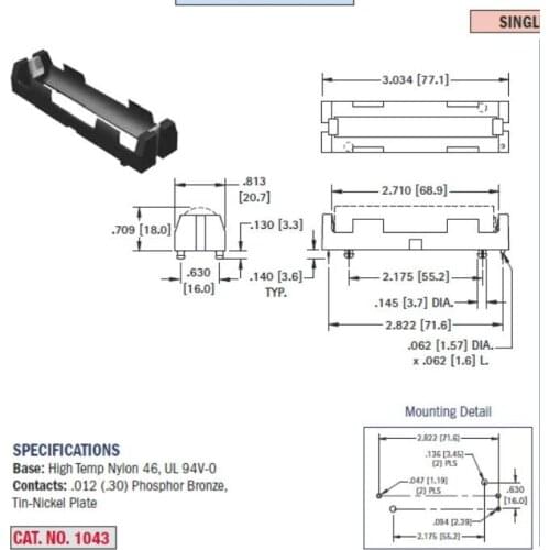 20PCS Battery box 18650 1 section plug-in hollow 1043 plug-in battery holder battery buckle
