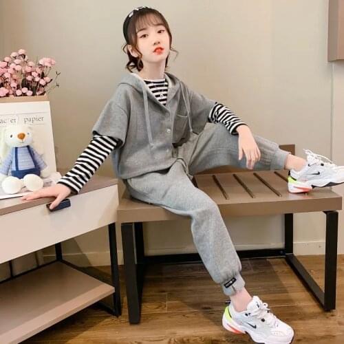 2021 Autumn Hooded Coat Waistcoat Strip Bottom T-shirts Pants 3pcs Set Kids Girls Fashion Tracksuit Children Casual Sport Suits