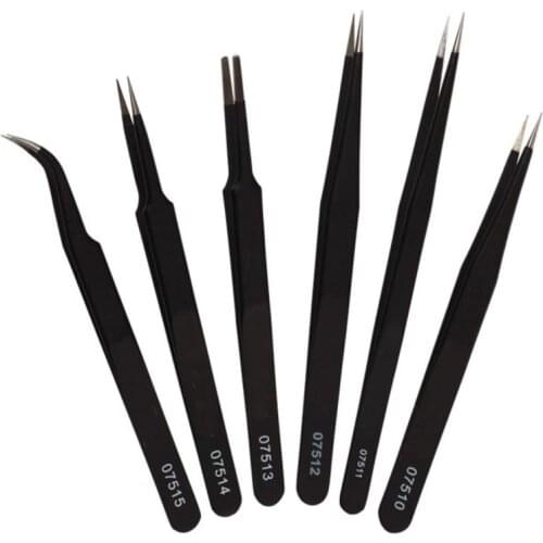 6Pcs Anti-static ESD Stainless Steel Tweezers Maintenance Tools Industrial Precision Curved Straight Tweezers Repair Tools DIY