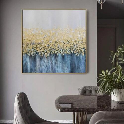 Abstract Oil Painting Handmade Large Canvas Wall Art Minimalist Modern Blue and Golden Decoration Living Room Office