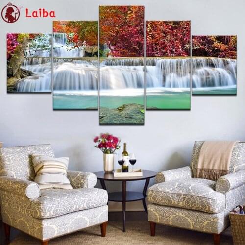 Diamond Embroidery Natural scenery, waterfall Diamond Painting Full Square round drill Mosaic Cross Stitch Wall Art5pcs