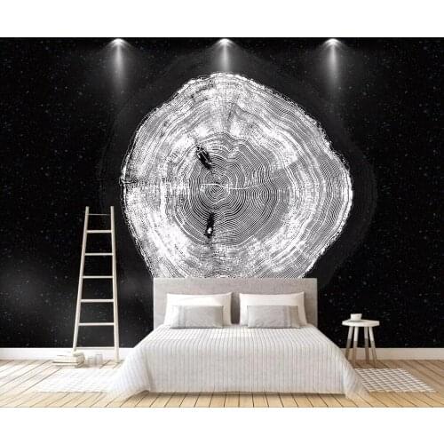 Customized large-scale 3D mural wallpaper new Chinese abstract tree grain tree rings black and white plain style background wall