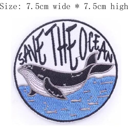 Free Shipping 1pc Save The Ocean 7.5cm High Iron On Sew For Left Chest/Applique/Twill Badge/Hot Cut/Shark/Protect The Earth/Fish