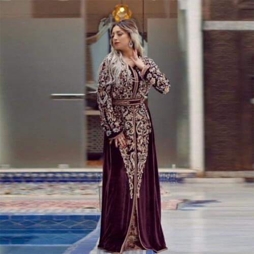 Burgundy Mermaid Moroccan Kaftan Evening Dress Plus Size Long Sleeves Prom Dress Arabia Custom Made Appliques Beaded Prom Gown