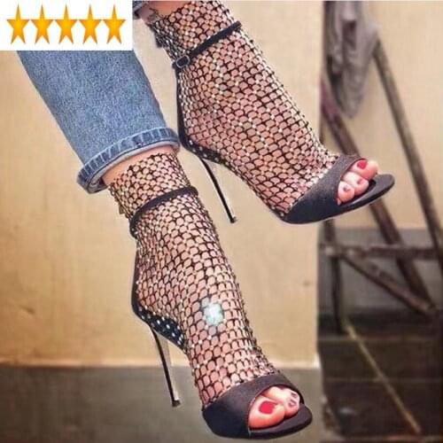 Heels Sexy Women Thin Rhinestones Hollow Out Peep Toe Elegant Ladies Party High Top Sandals New Mesh Crystal Shoes
