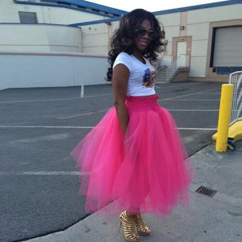 Brand Pink Tulle Skirt High Waist Custom Made Elastic Style Lush Mid Calf Womens 5 Layers Gowns Romantic Fuchsia Puffy Tutu Saia