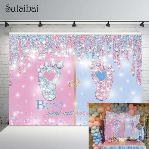 Boy or Girl Gender Reveal Backdrop Pink Blue Baby Shower Party Photography Background What Will Baby Be Footprint Decoration