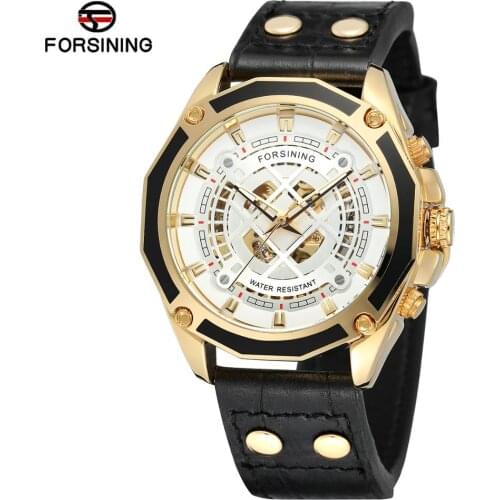 FORSINING casual and business mens mechanical watches spider web hollow dial black leather strap automatic mechanical watches holiday gifts