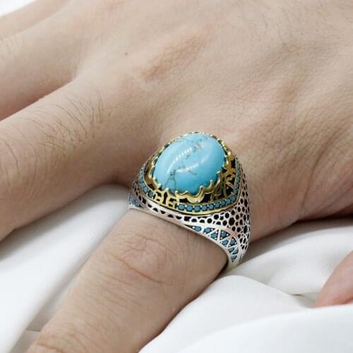 925 Sterling Silver Ring for Men Natural Turquoise Stone Turkish Jewelry Fashion Vintage Gift Mens Rings All Size women Party