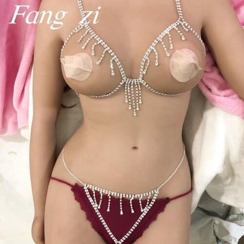 Sexy women Rhinestone bra set luxury crystal thong adjustable tassel body chain fashion jewelry Beach Party accessories wholesal
