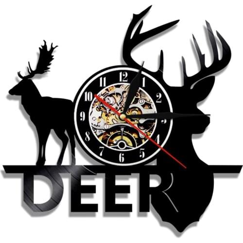 Woodland Deer Head Vinyl Record Wall Clock Modern Design Deer Antlers Decor Forest Wildlife Hanging Wtaches For Hunter Gift