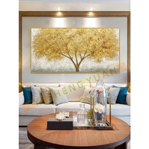 New Rich Tree Golden Hand Painting Restaurant Mural Large Gold Abstract Painting 1 Pieces Art Pictures Home Decor Unframe