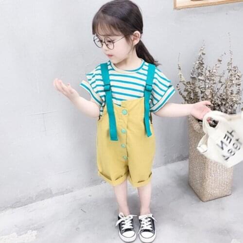 New Baby Girls Clothing Set 2019 Summer Fashion 2pcs Outfits Short Sleeve Cotton Striped T-shirt+Overall Toddler Clothes 2-7Yrs