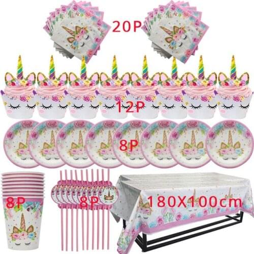 Unicorn Party Supplies Disposable Plates Tablecloth Cup Banner Cake Topper Kids First Birthday Decor Baby Shower Decorations