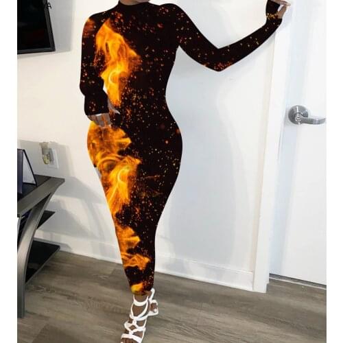 CM.YAYA Autumn Sexy Club Night Party Women Galaxy Painted Print Long Sleeve Bodycon Maxi Dress Streewear Active Wear Long Dress