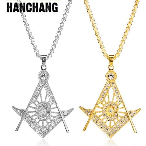 Stainless Steel Masonic Necklace Fashion Crystal Jewelry Charm Mason Iced-out Pendant Hip Hop Chain Necklace For Women Men