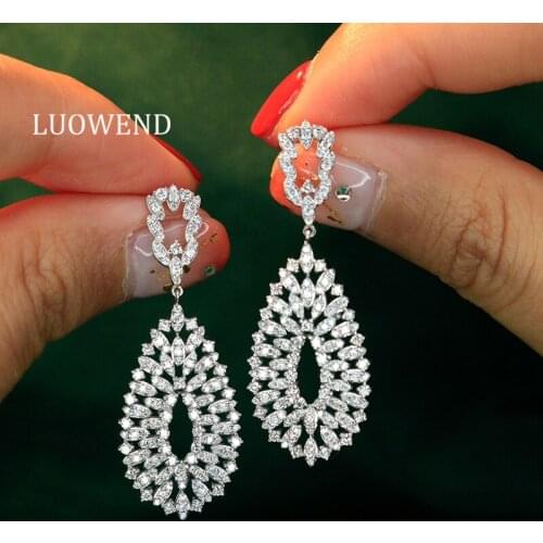 LUOWEND Real 18K Solid White Gold Drop Earrings Temperament Female Diamond Earring Engagement Party Jewelry Design