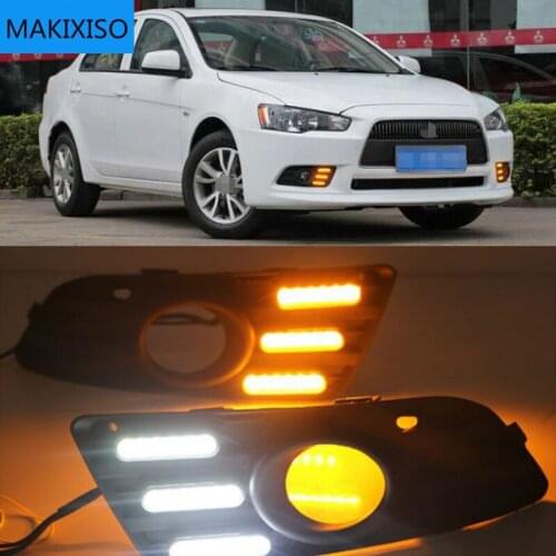 LED DRL daytime running light +front fog light For Mitsubishi Lancer EX 2013-2014 with Dynamic moving yellow turn signal