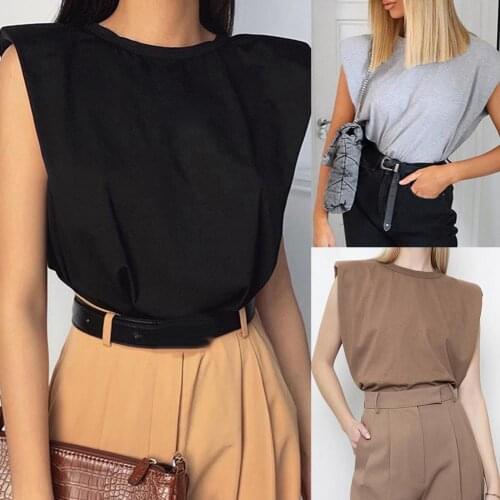 2020 blouses women summer hot Casual O Neck Shoulder Pads Sleeveless Bottoming Tank Top Vest Blouse