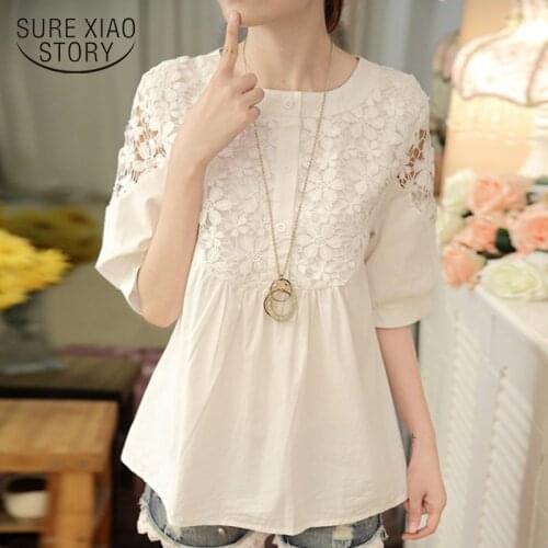 Women elegant loose plus size shirt 2021 new fashion women tops spring short sleeve lace Solid color chiffon blouse 59A 25