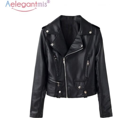 Aelegantmis Classic Design Women Soft PU Leather Jacket Slim Short Motorcycle Black Jacket Lady Rivet Zipper Cool Outerwear 2021