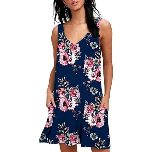 Summer 2021 New Women Hot Style V-Neck Printing Sleeveless Dress Vest Pocket Skirt Female