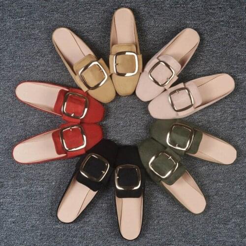 Full Size 31-44 Womens Casual Suede Mules Shoes Fashion Metal Buckle Summer New Outside Sandals Female Home Slippers Wholesale
