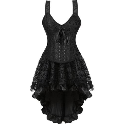 Women Gothic Steampunk Corset Dress Burlesque Costume Plus Size Corset Bustier With Asymmetric Floral Lace Skirt Set