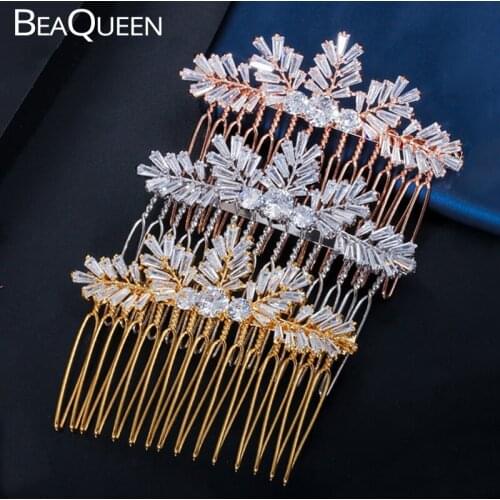 BeaQueen Noble Leaf Flower Cubic Zircon Crystal Bridal Wedding Hair Combs Dubai Gold Color Tiara Headpiece Women Jewelry H010