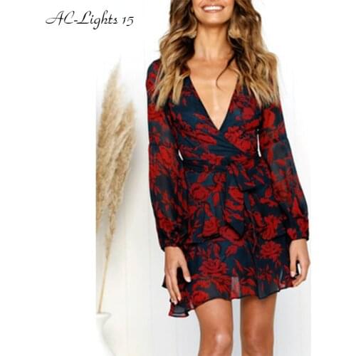 High Quality Sexy Summer Women Dress 2020 Deep V Neck Floral Printed Mini Party Dress Ladies Dresses Causal Beach Long Sleeve