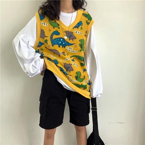 Oversized Womens Vest Preppy Style Cartoon Print V-Neck Sleeveless Spring and Autumn Korean Style Female Vest Tops CC395