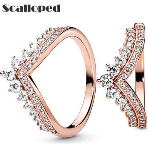 SCALLOPED Rose Gold Clear Cubic Zircon Crown Rings 2021 New Classic Stackable Wedding Party Women Jewelry Anniversary Gift