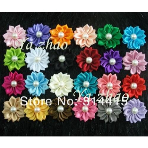 1.5" Satin Ribbon Multilayers Flower With Pearl DIY flower,60pcs/lot, mixed 20colors, free shipping