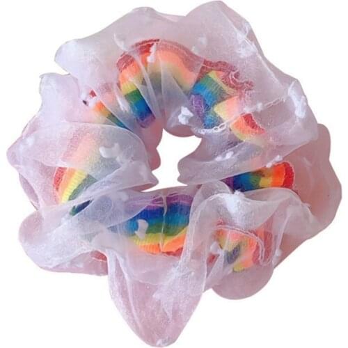 1Pc Women Elastic Kawaii Lace Hair Bands Tie Girls Mesh Scrunchie Ponytail Transparent Rainbow Hair Braiding Tools Accessories