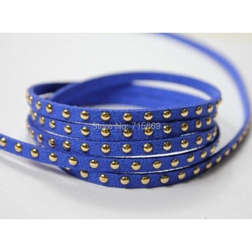 Free Ship 100 Meterse 5mm*1.5mm Royal Blue Glitter Flat Faux Suede Leather Cord With Gold Studs