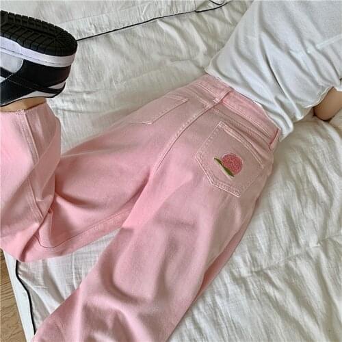 PinkDenim Trousers Vintage Wide Leg Pants Women Korean Straight Long Pants High Waist Casual Loose new 2021high quality Autum