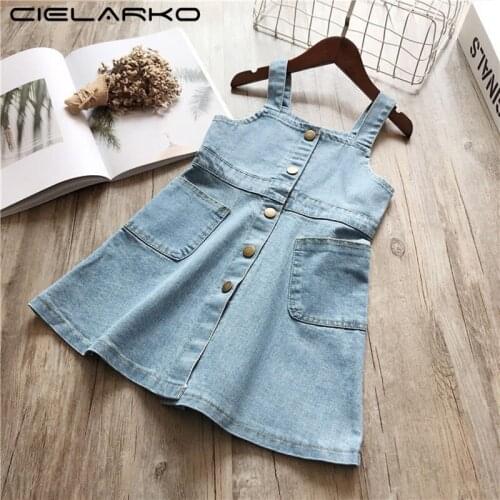 Cielarko Denim Girls Dress Summer Strap Fashion Kids Dresses Button Vintage Children Girl Frocks for Baby 2-6 Years Vestidos