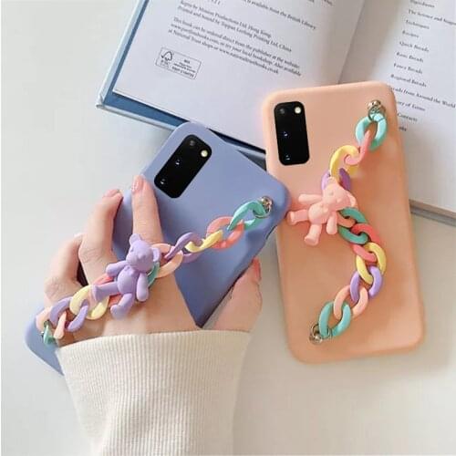 Aolid Color Simple Phone Case For Samsung S8 S9 S10 Plus S10E S20 S21 Plus Ultra Note 9 10 20Plus Cute Candy Bear Bracelet Cover